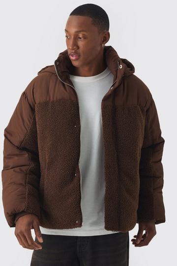 Brown Borg And Nylon Padded Coat With Detachable Hood In Chocolate