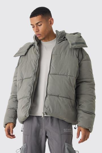 Grey Extended Funnel Neck Hooded Puffer In Grey