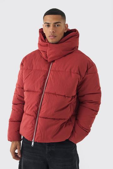 Extended Funnel Neck Hooded Puffer In Rust rust