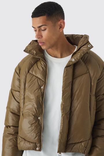 Khaki Boxy High Shine Nylon Abstract Quilted Funnel Neck Puffer In Khaki