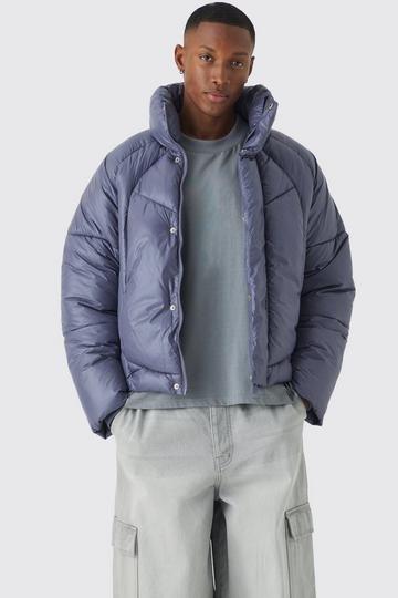 Boxy High Shine Nylon Abstract Quilted Funnel Neck Puffer In Slate slate