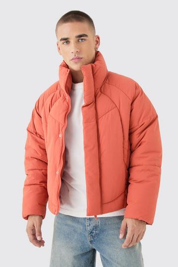 Boxy Abstract Quilted Funnel Neck Puffer In Rust rust