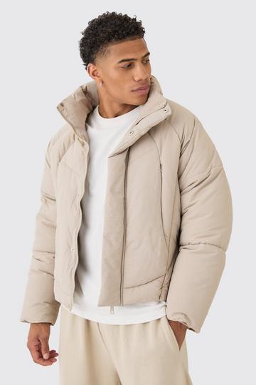 Boxy Abstract Quilted Funnel Neck Puffer In Stone stone