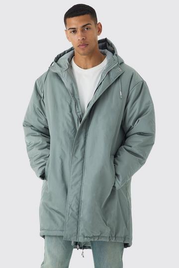 Oversized Satin Padded Longline Parka In Sage sage