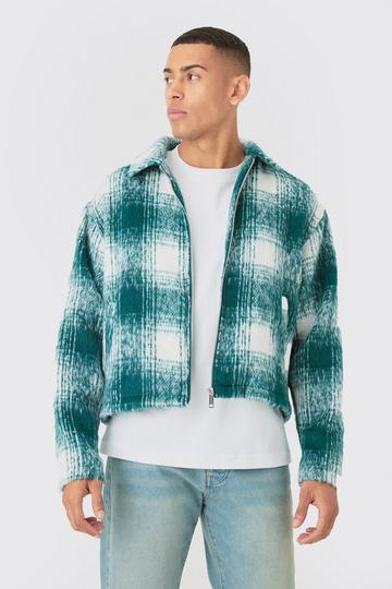 Green Brushed Check Collared Harrington Jacket In Green