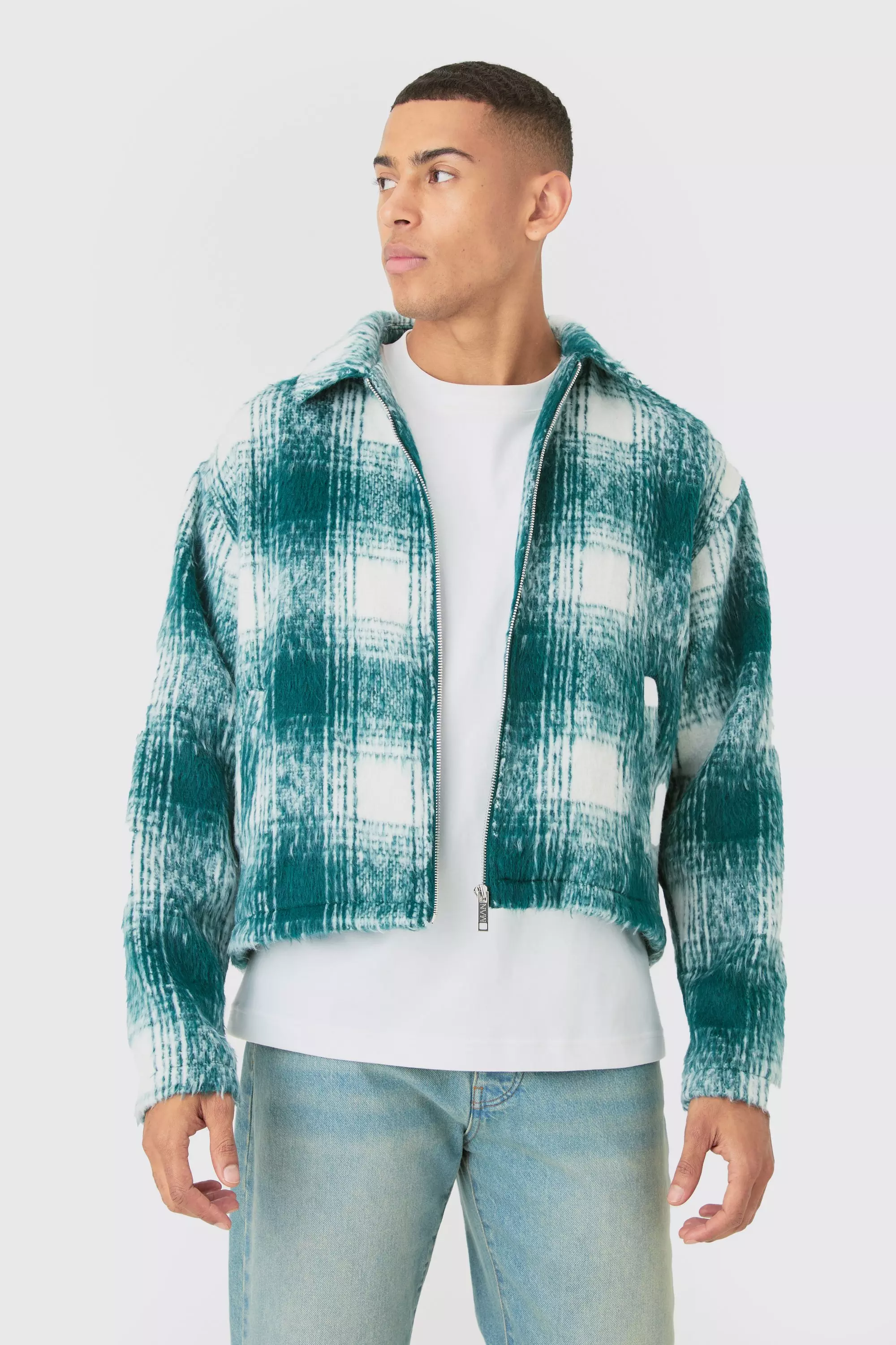 Brushed Check Collared Harrington Jacket In Green صورة بديلة