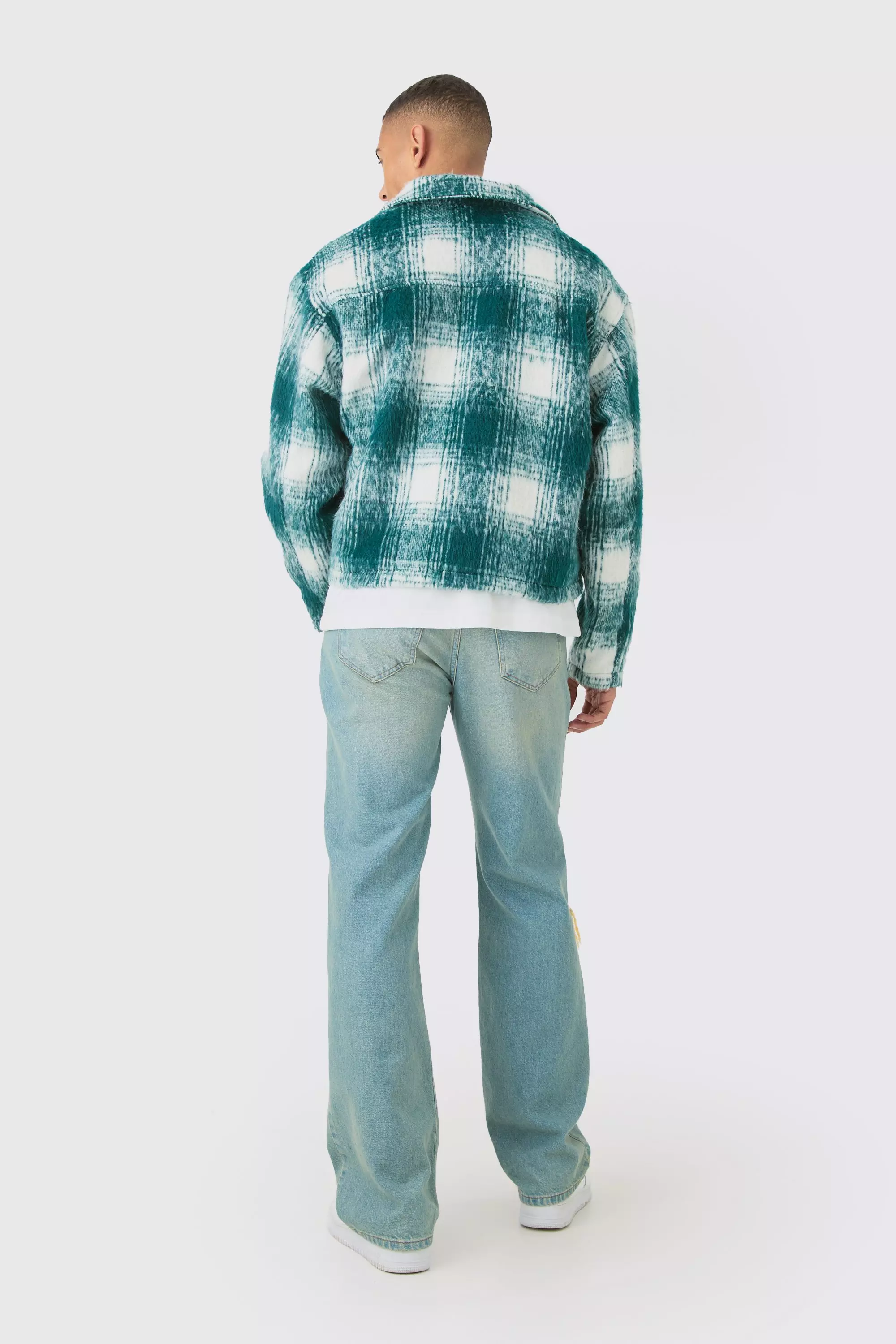 Brushed Check Collared Harrington Jacket In Green صورة بديلة