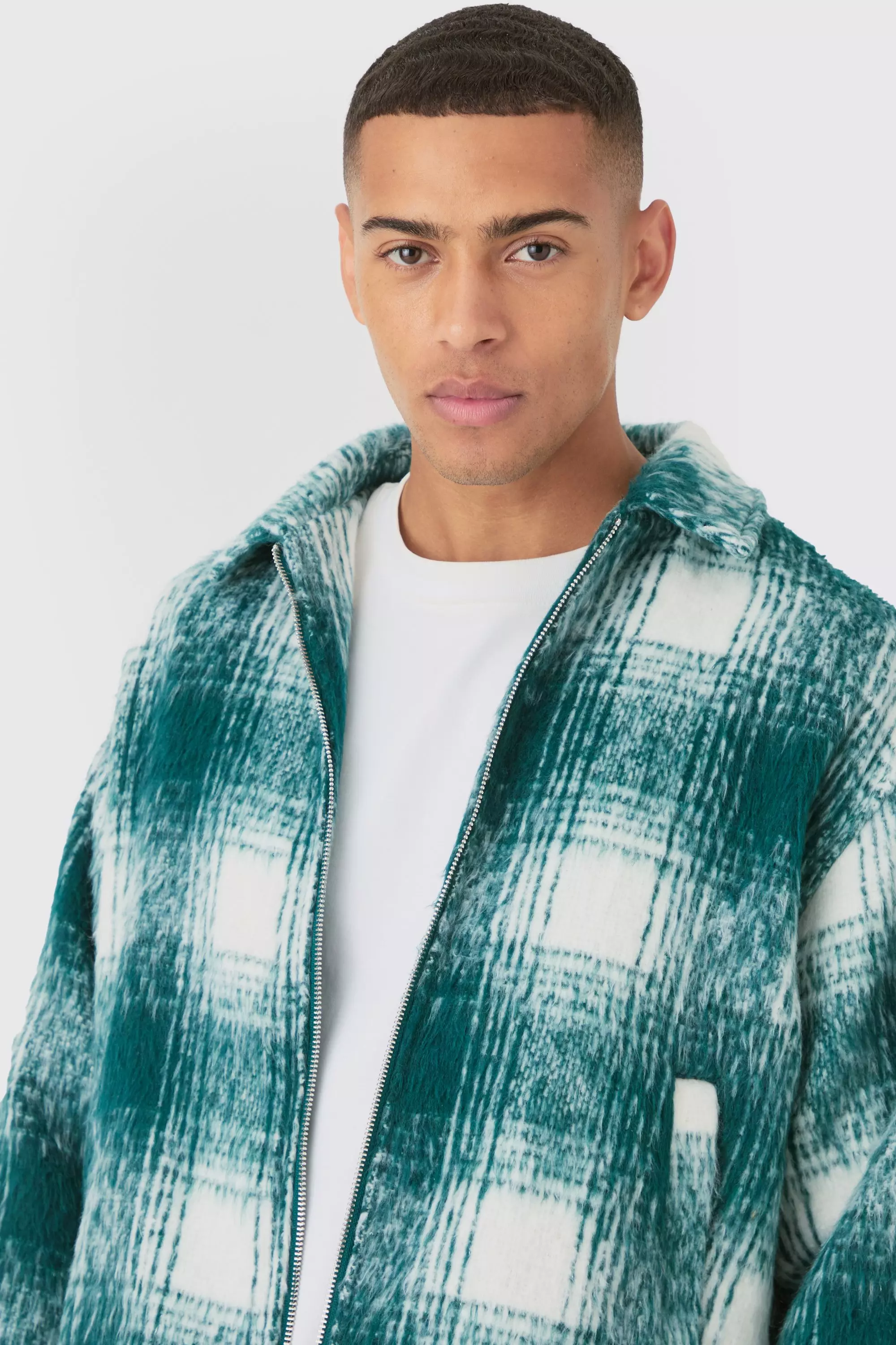 Brushed Check Collared Harrington Jacket In Green صورة بديلة