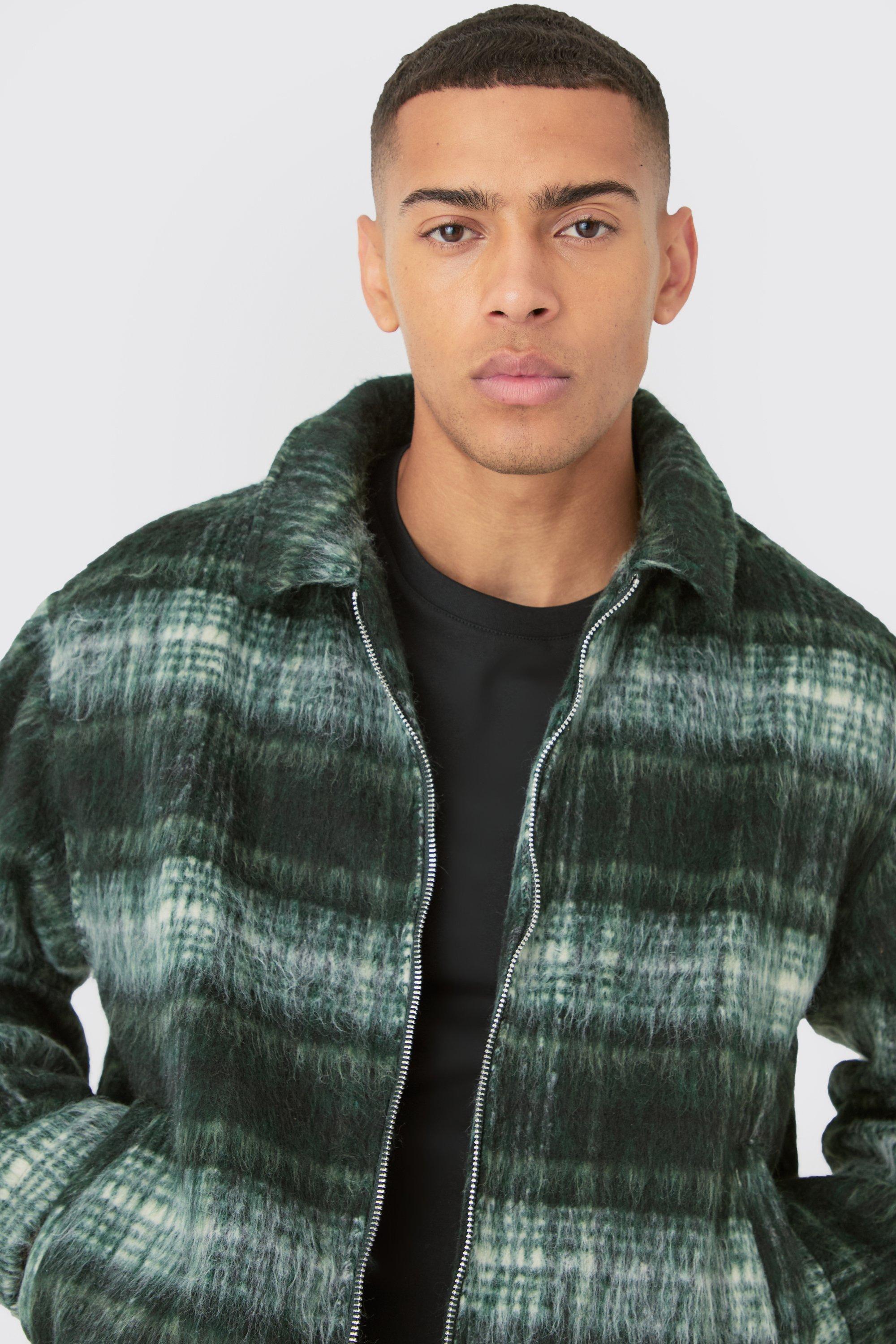 Brushed Check Collared Harrington Jacket In Green