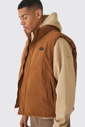 Brown Man Tab Ripstop Funnel Neck Puffer Vest In Tan