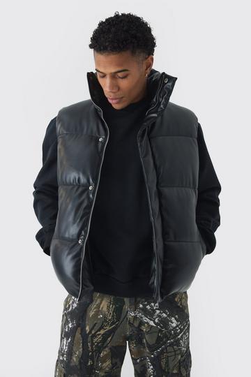 Black Man Tab Funnel Neck PU Puffer Gilet In Black