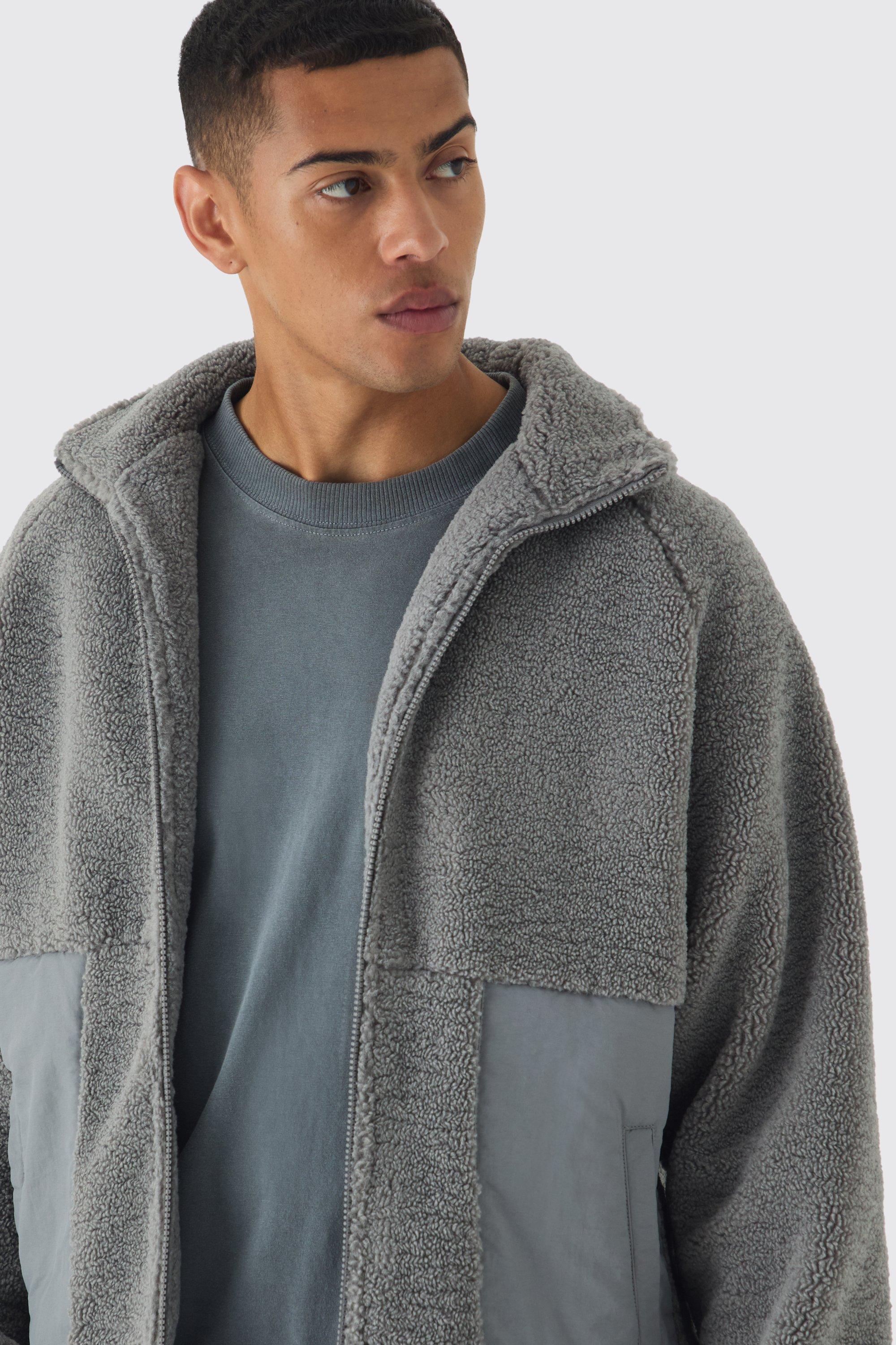 Colour Block Borg And Nylon Jacket In Grey