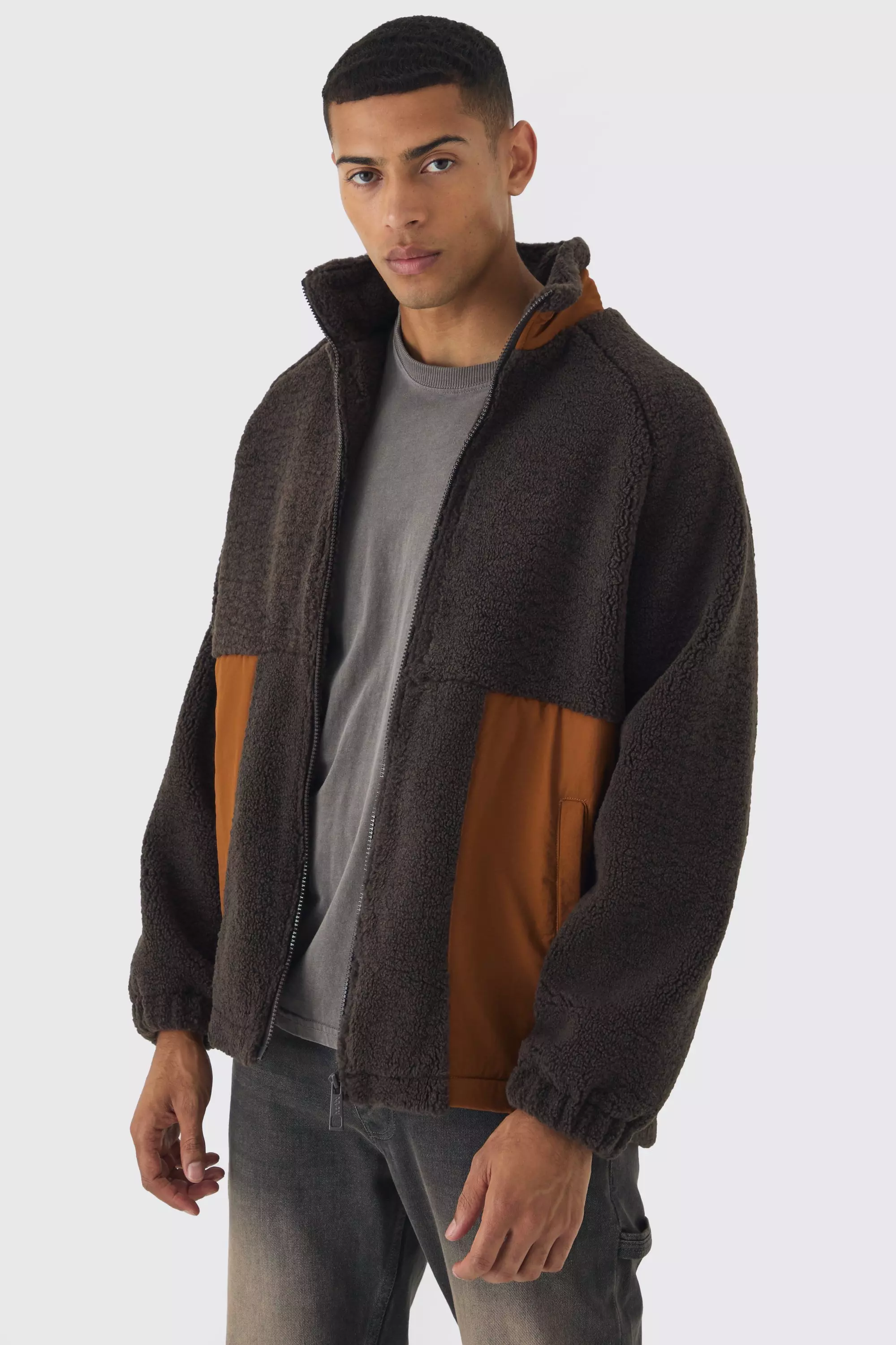 Colour Block Borg And Nylon Jacket In Chocolate alternative image