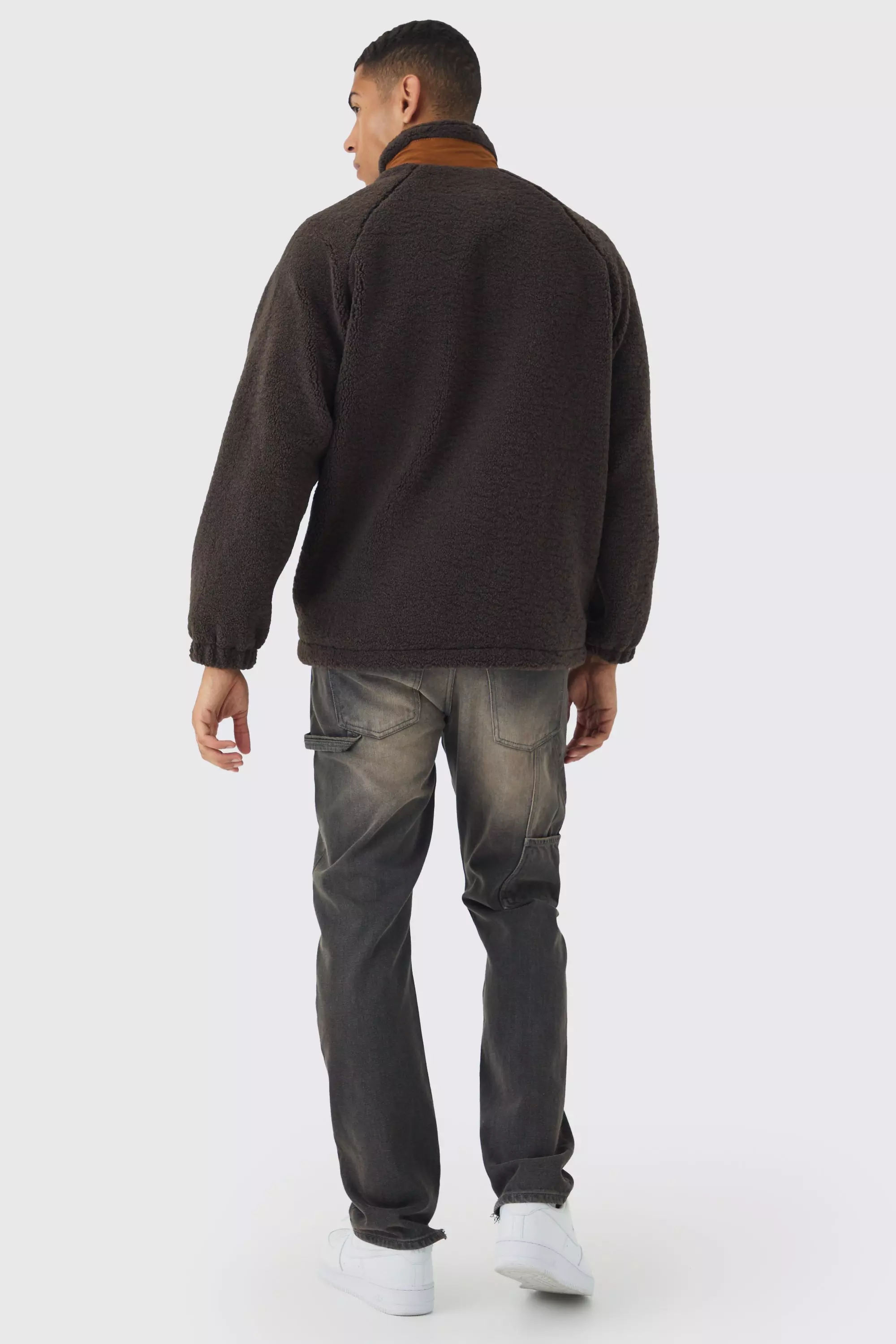 Colour Block Borg And Nylon Jacket In Chocolate alternative image