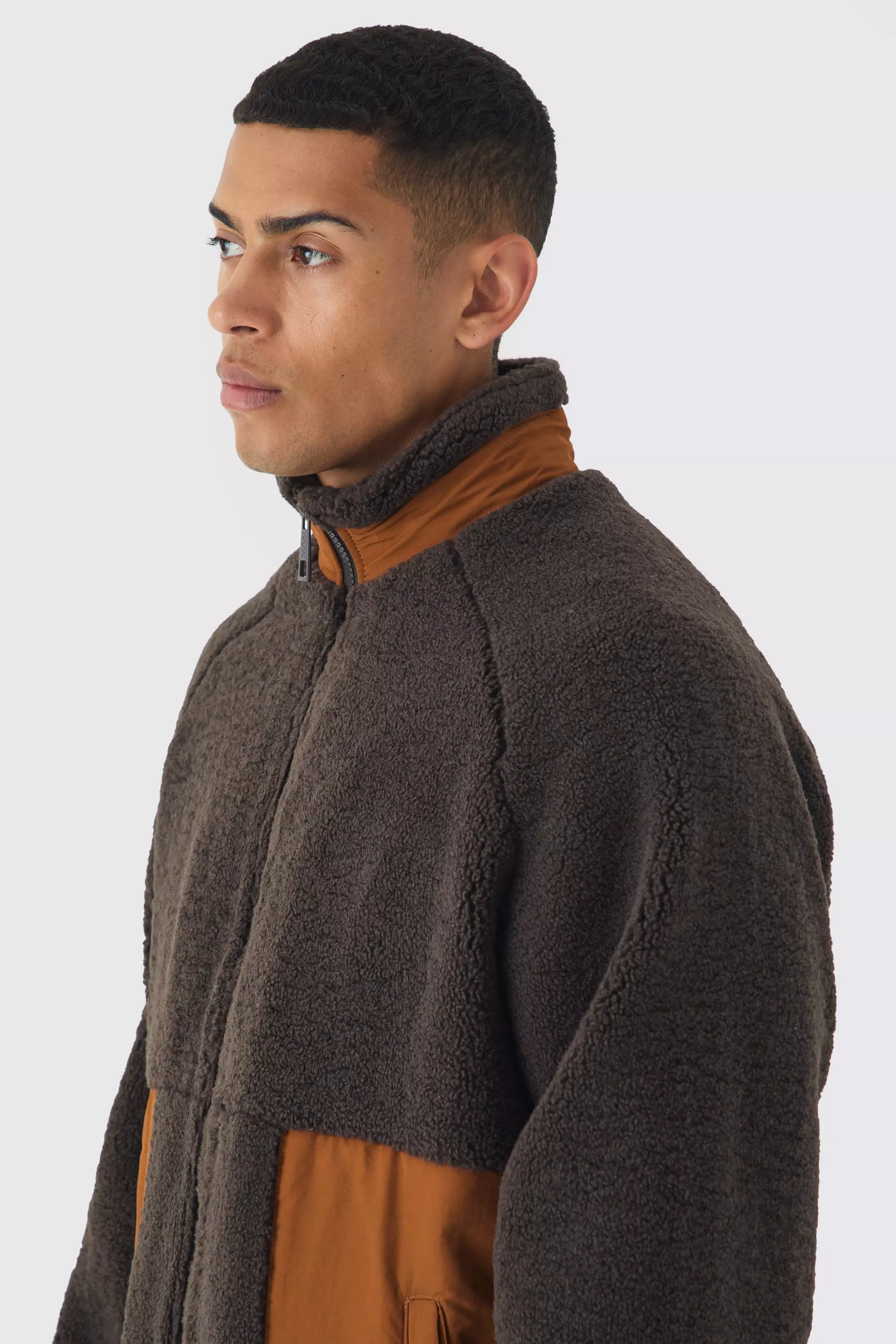 Colour Block Borg And Nylon Jacket In Chocolate alternative image