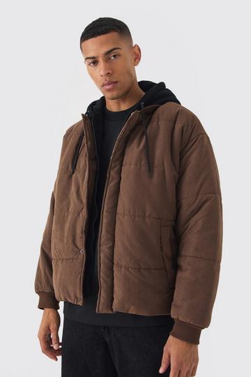 Quilted Hooded Faux Layer Bomber Jacket In Chocolate chocolate