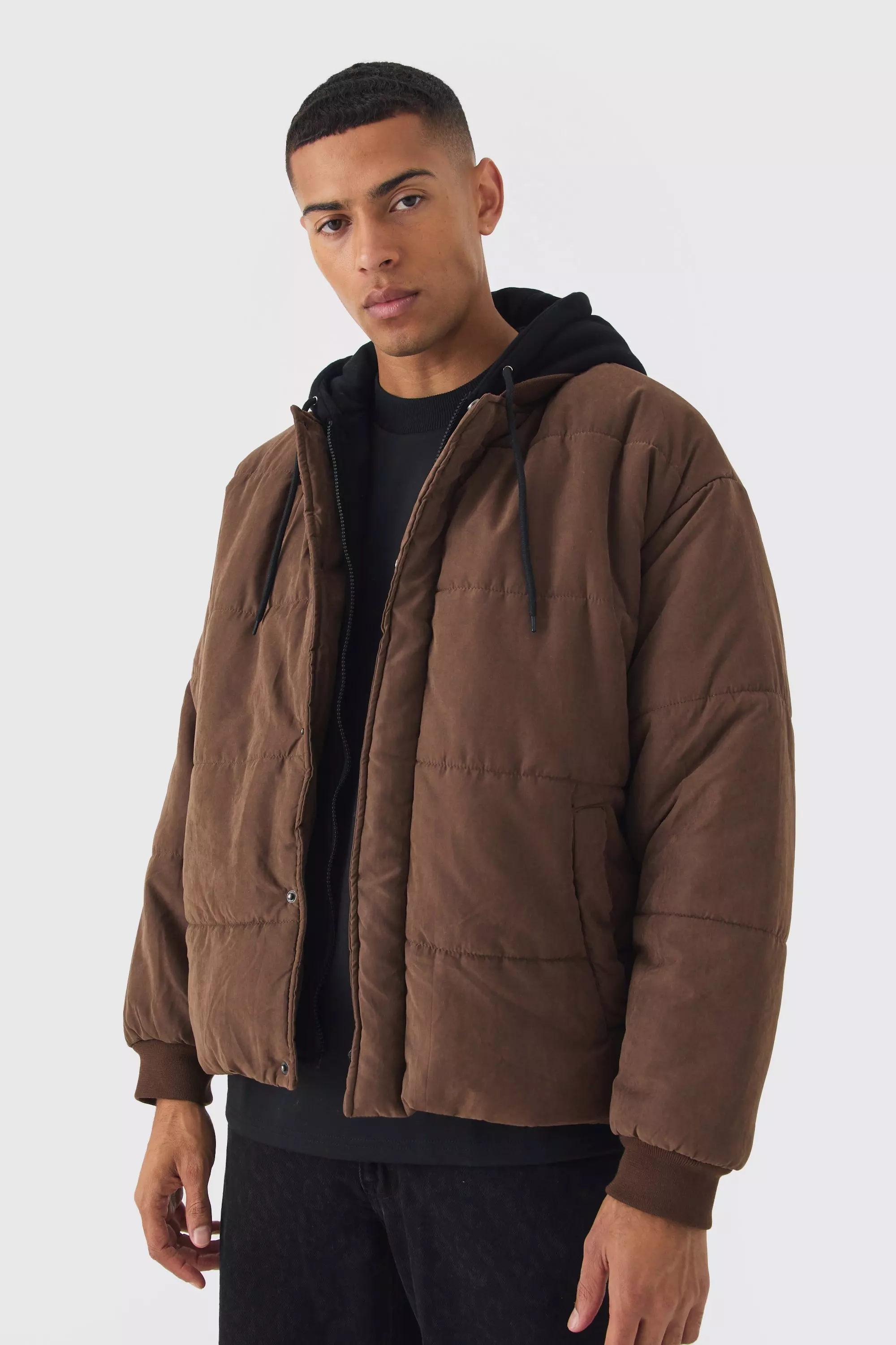 Quilted Hooded Faux Layer Bomber Jacket In Chocolate صورة بديلة