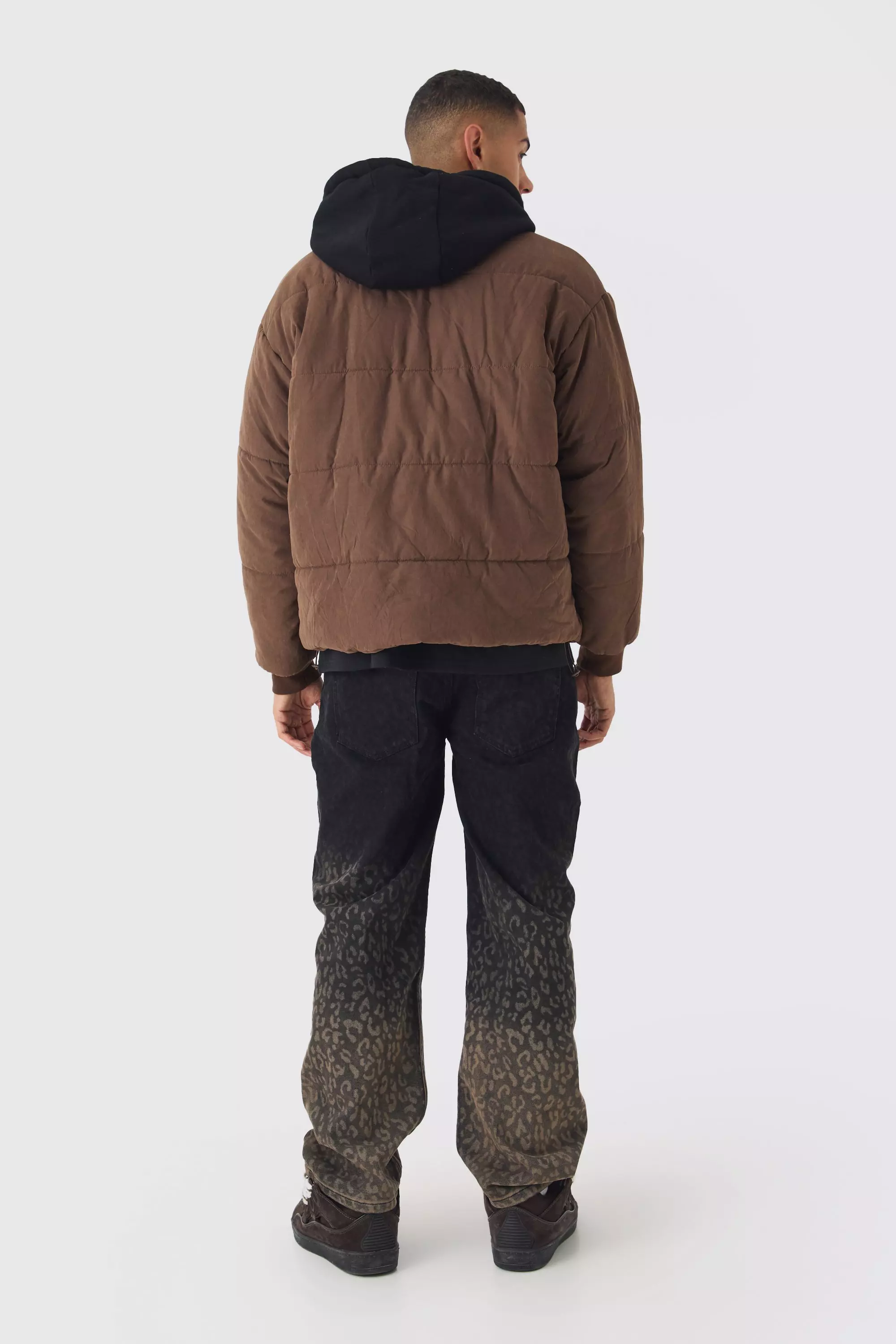 Quilted Hooded Faux Layer Bomber Jacket In Chocolate صورة بديلة