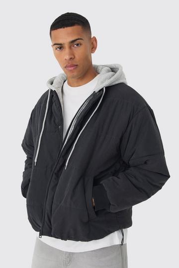 Black Quilted Hooded Faux Layer Bomber Jacket In Black