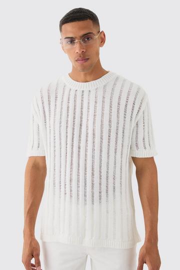 White Oversized Open Ladder Stitch Knitted T-shirt In White