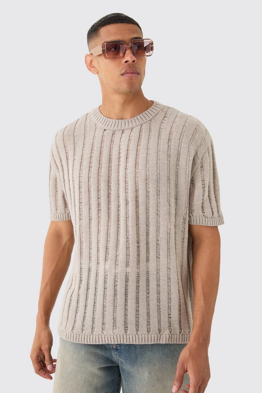 T-shirt oversize in maglia traforata color pietra con cuciture smagliate, Stone image number 1
