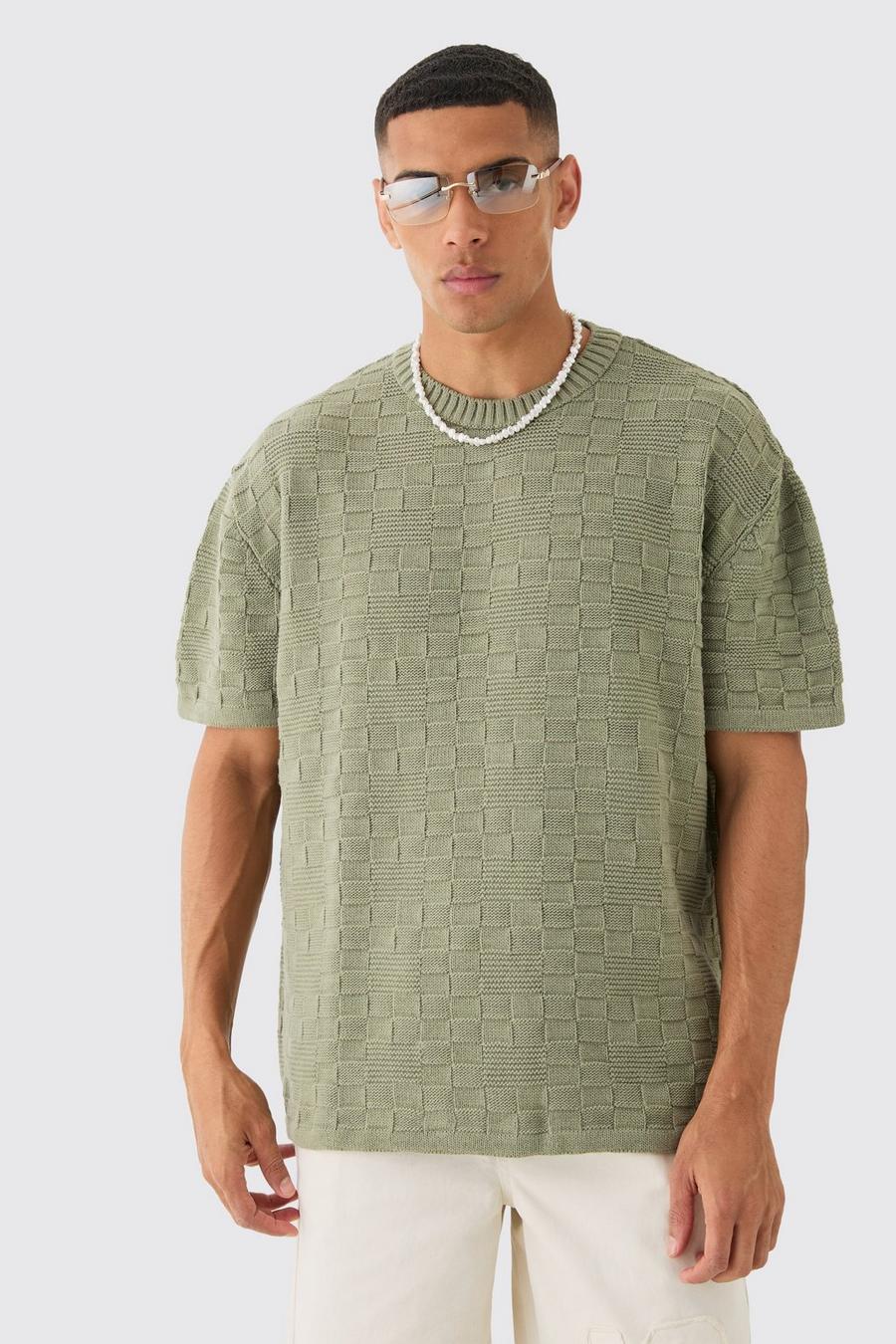 Oversized Textured Knit T-shirt In Khaki image number 1
