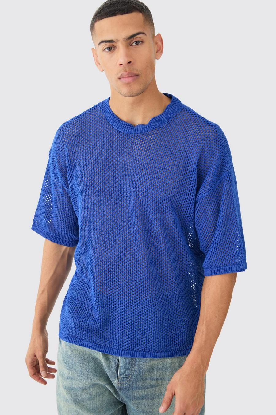 Camiseta oversize de punto calado cobalto, Cobalt image number 1