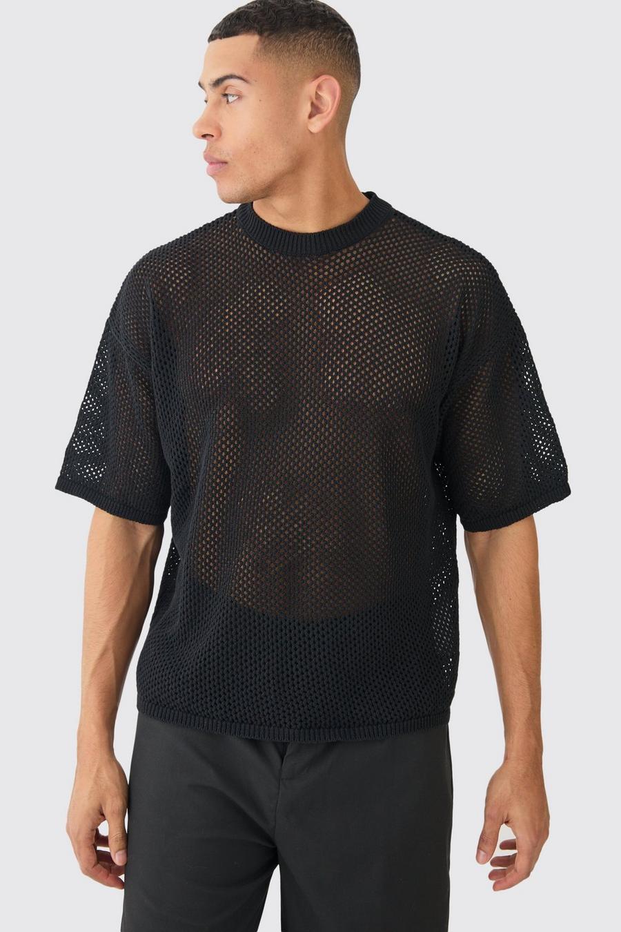 Camiseta oversize negra de punto calado, Black image number 1