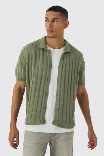 Khaki Oversized Boxy Open Ladder Stitch Knitted Shirt In Khaki