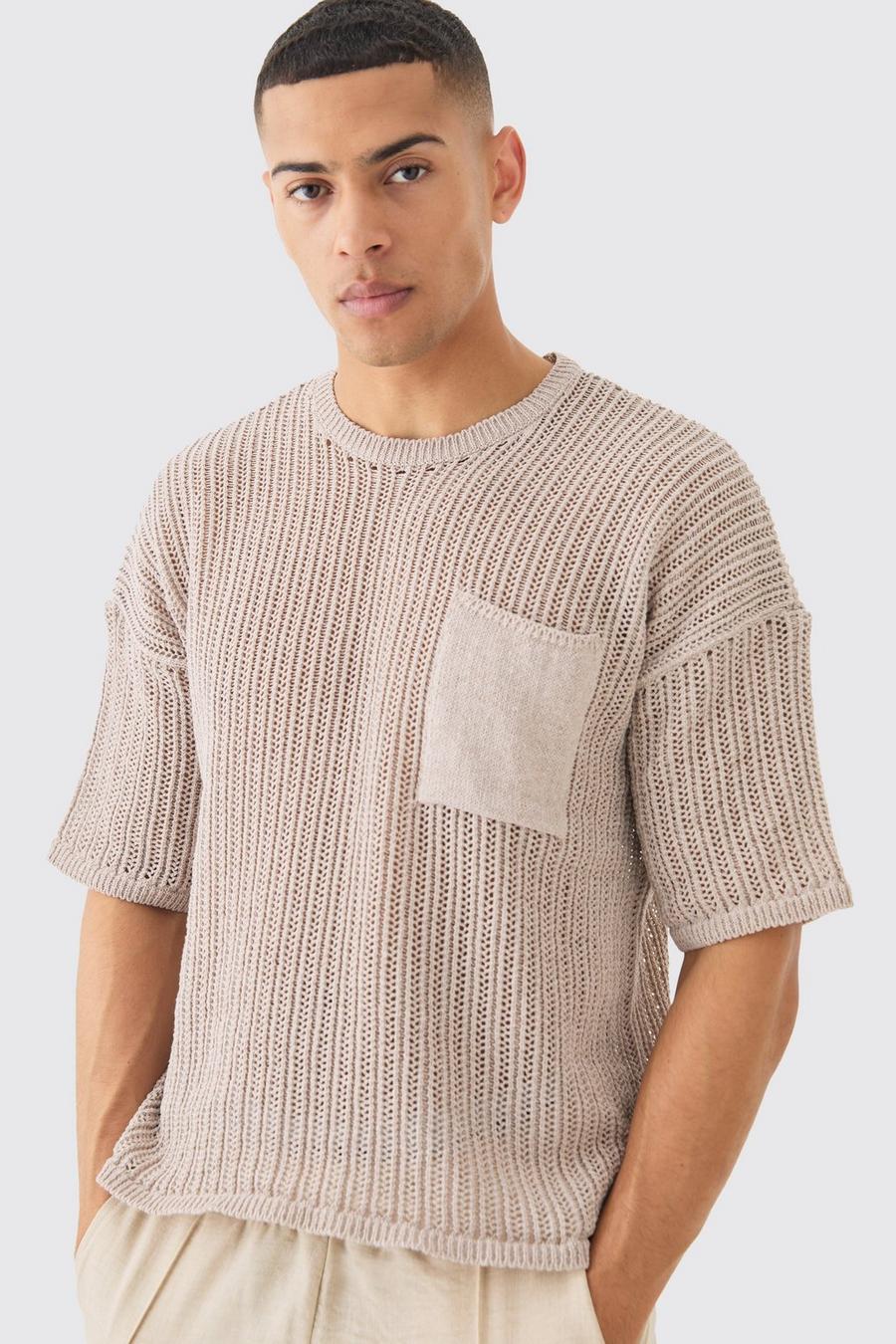 Camiseta oversize color piedra de punto calado con bolsillo, Stone