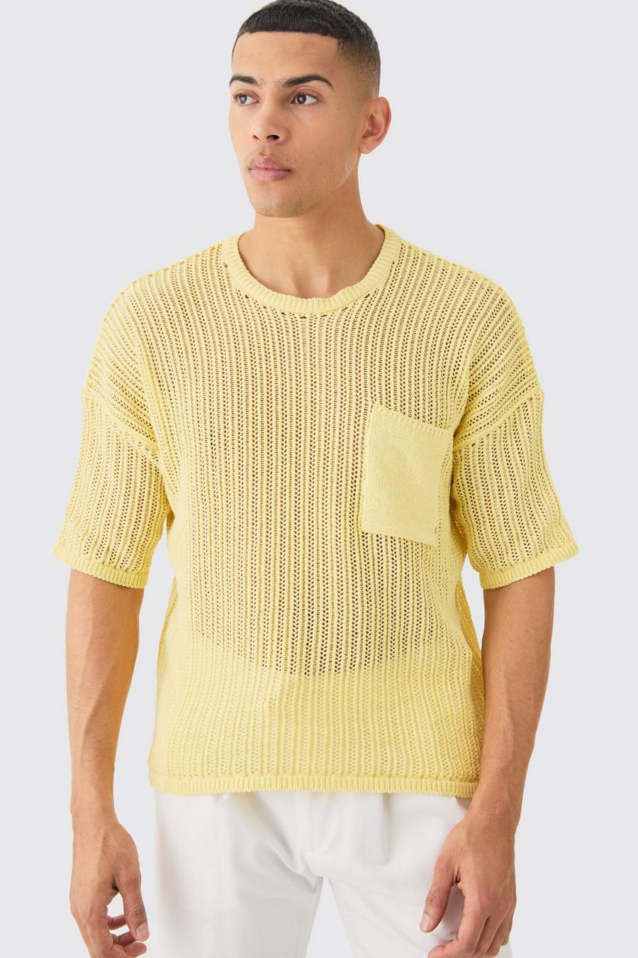 T-shirt oversize in maglia traforata gialla con tasche, Yellow