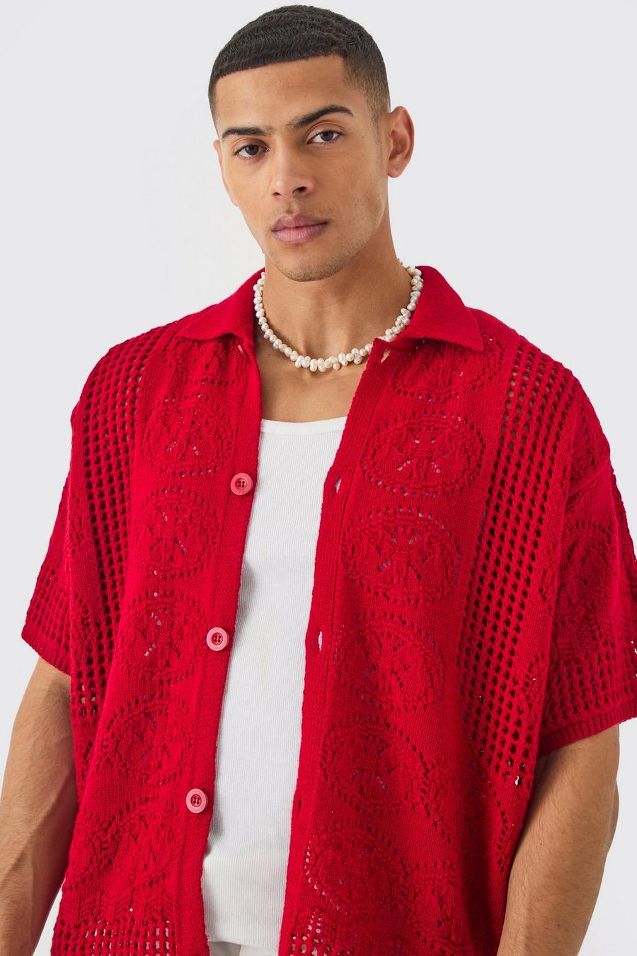 Camisa oversize recta de punto calado con detalle de costuras en rojo, Red image number 1