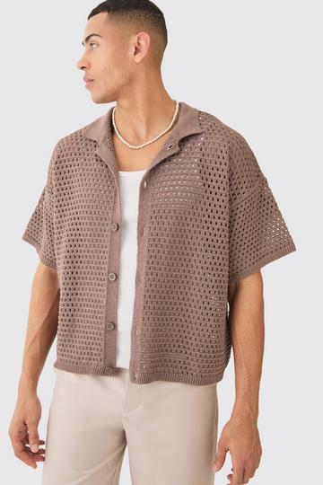 Oversized Boxy Textured Open Stitch Knit Shirt In Chocolate chocolate