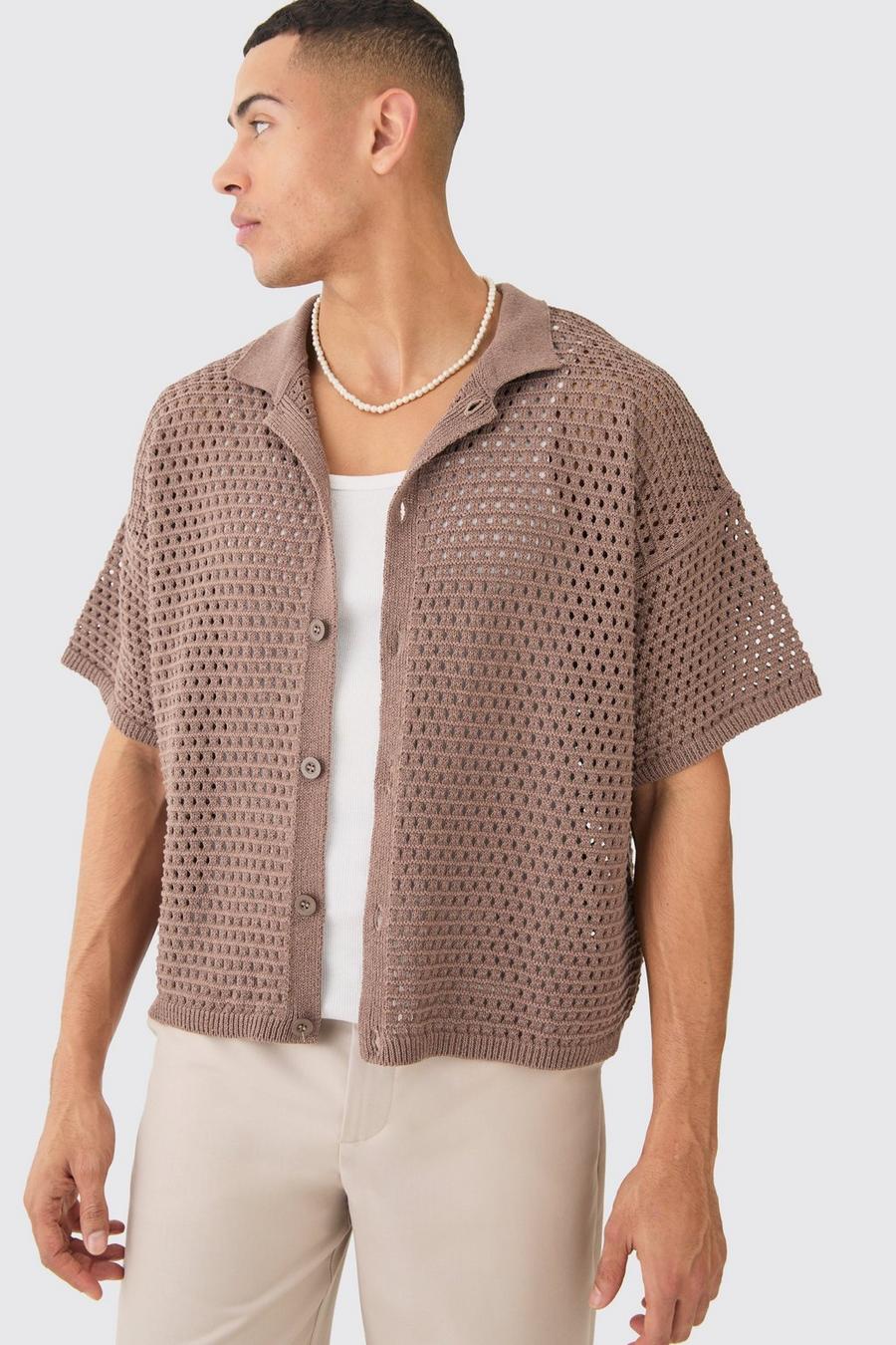 Camicia squadrata oversize color cioccolato in maglia traforata con trama e cuciture, Chocolate image number 1