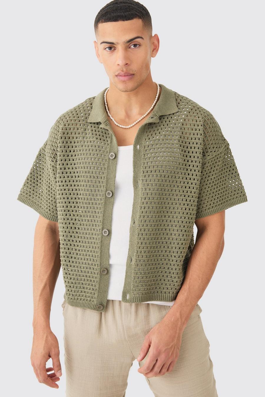 Oversized Boxy Textured Open Stitch Knit Shirt In Khaki image number 1