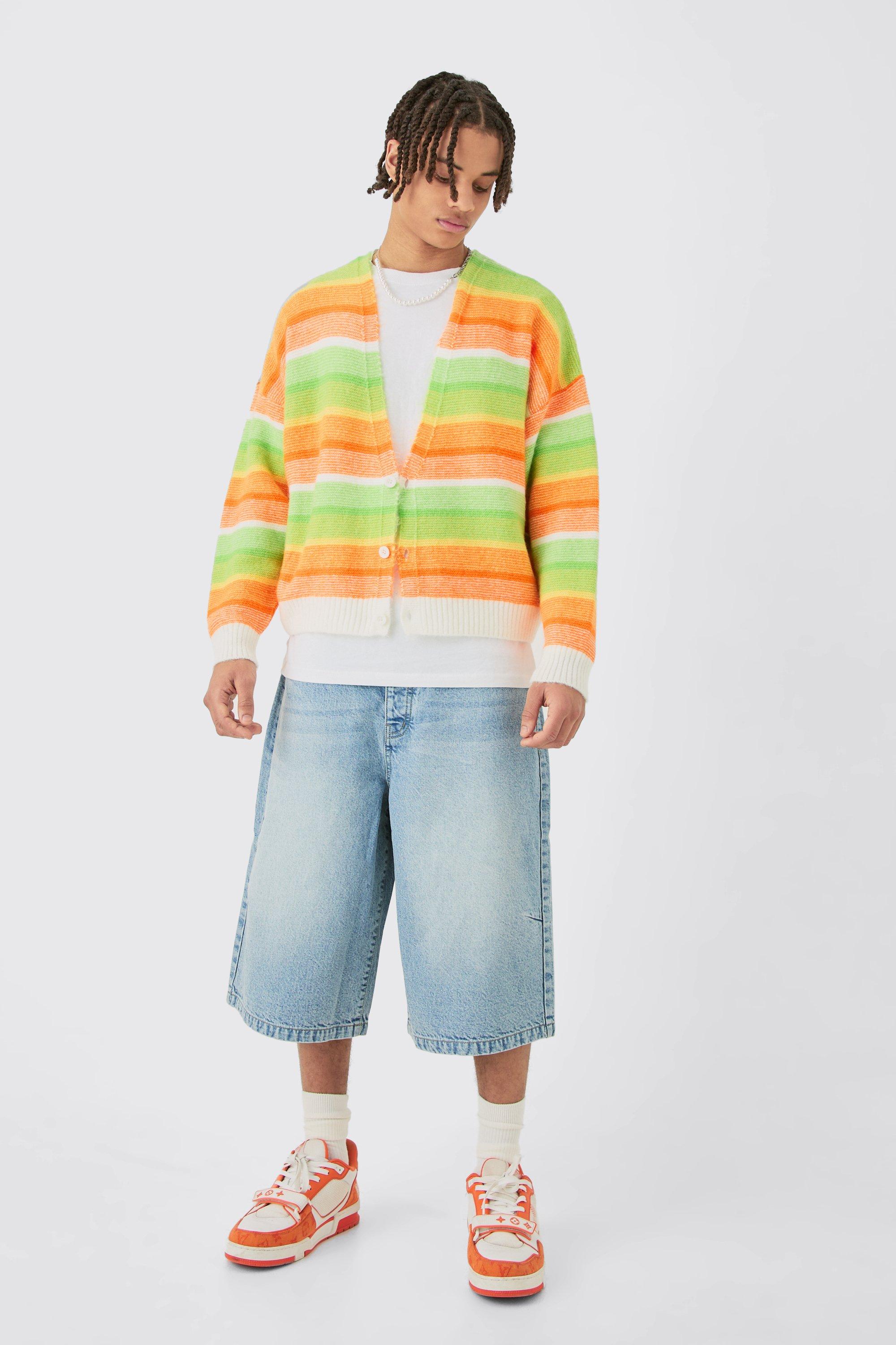 Boxy Brushed Striped Cardigan In Orange