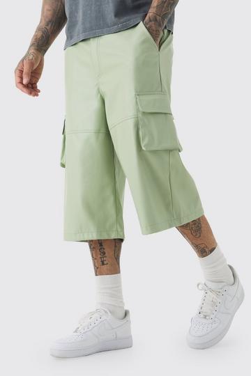 Tall Fixed Waist PU Panels Cargo Jorts sage