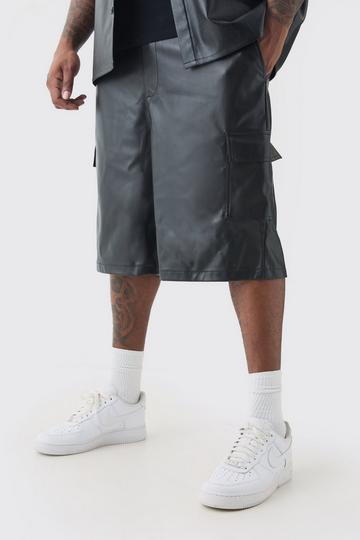 Plus Elasticated Waist PU Cargo Short black