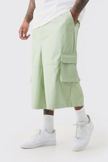 Plus Fixed Waist PU Panel Cargo Jort sage