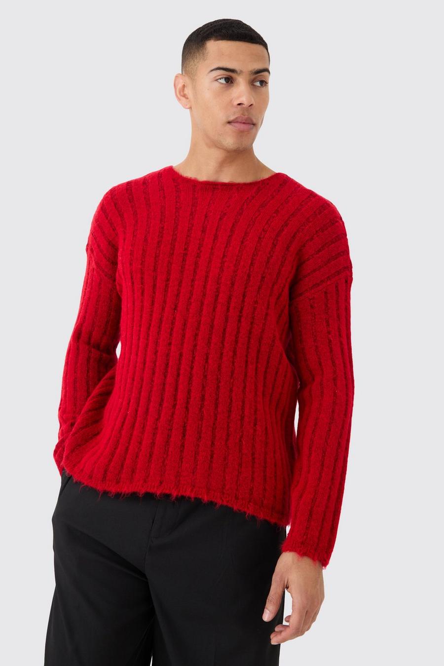 Maglione squadrato rosso con cuciture smagliate, Red