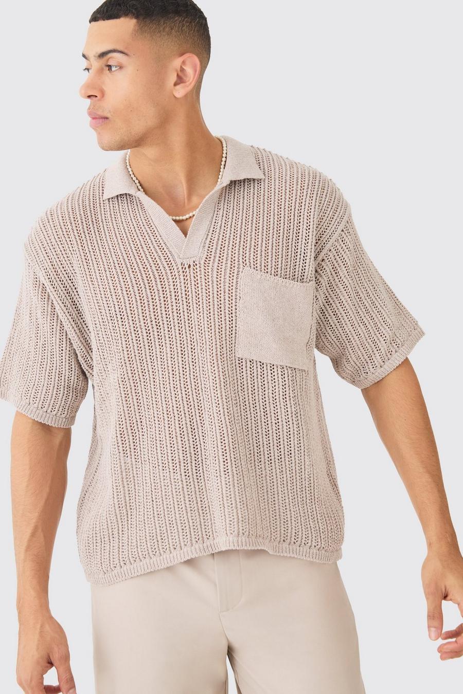 Oversized Boxy Open Stitch Polo With Pocket In Stone