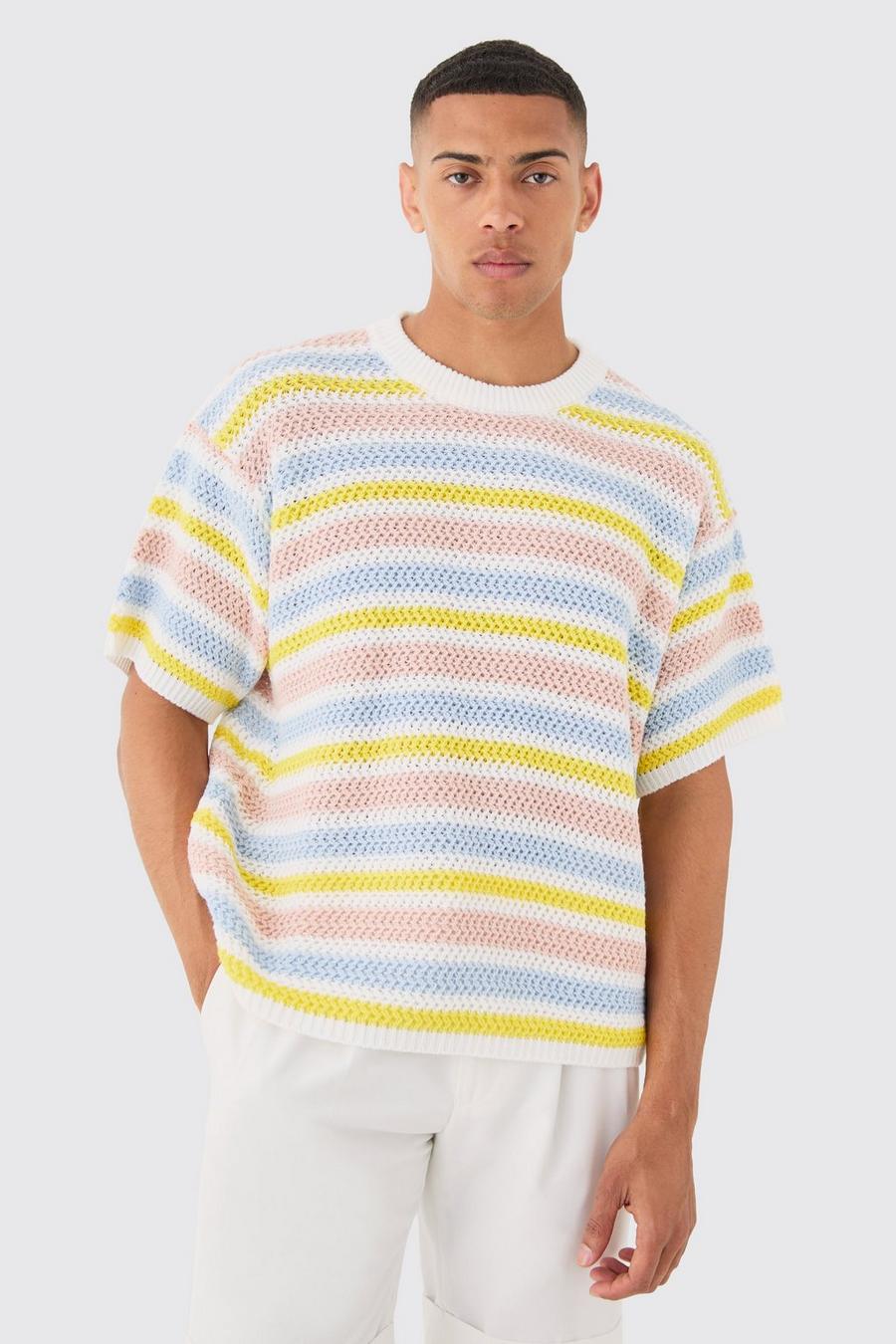 Oversized Stripe Knitted T-shirt In White image number 1