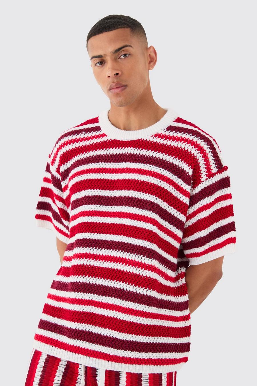 Oversized Stripe Knitted T-shirt In White image number 1