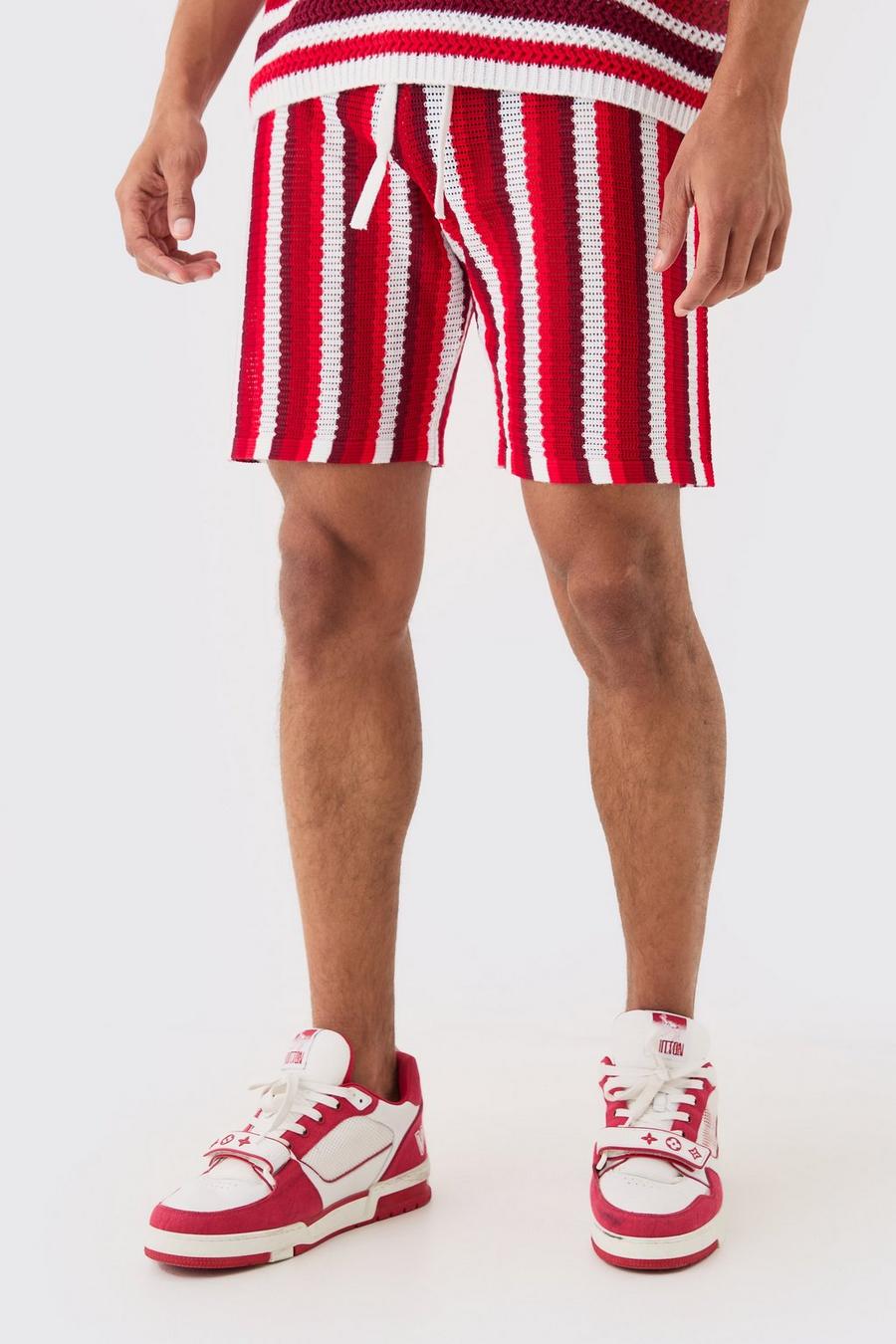 White Relaxed Open Stitch Stripe Knit Short In Red