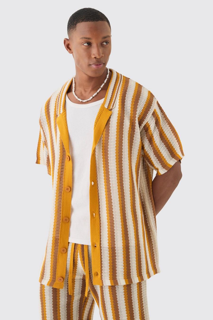 Camicia oversize in maglia a righe traforate color senape, Mustard