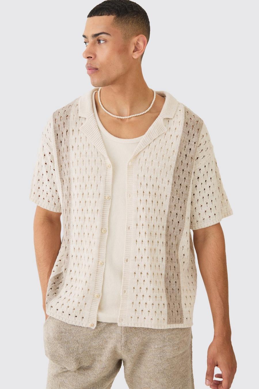 Camicia squadrata oversize in maglia a righe traforate color ecru image number 1