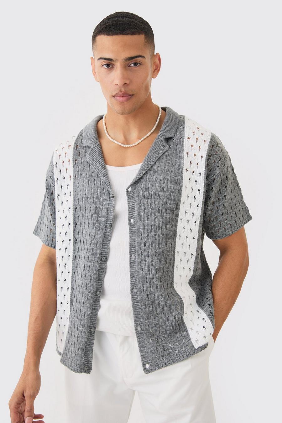 Camicia squadrata oversize in maglia a righe traforate color antracite, Charcoal image number 1