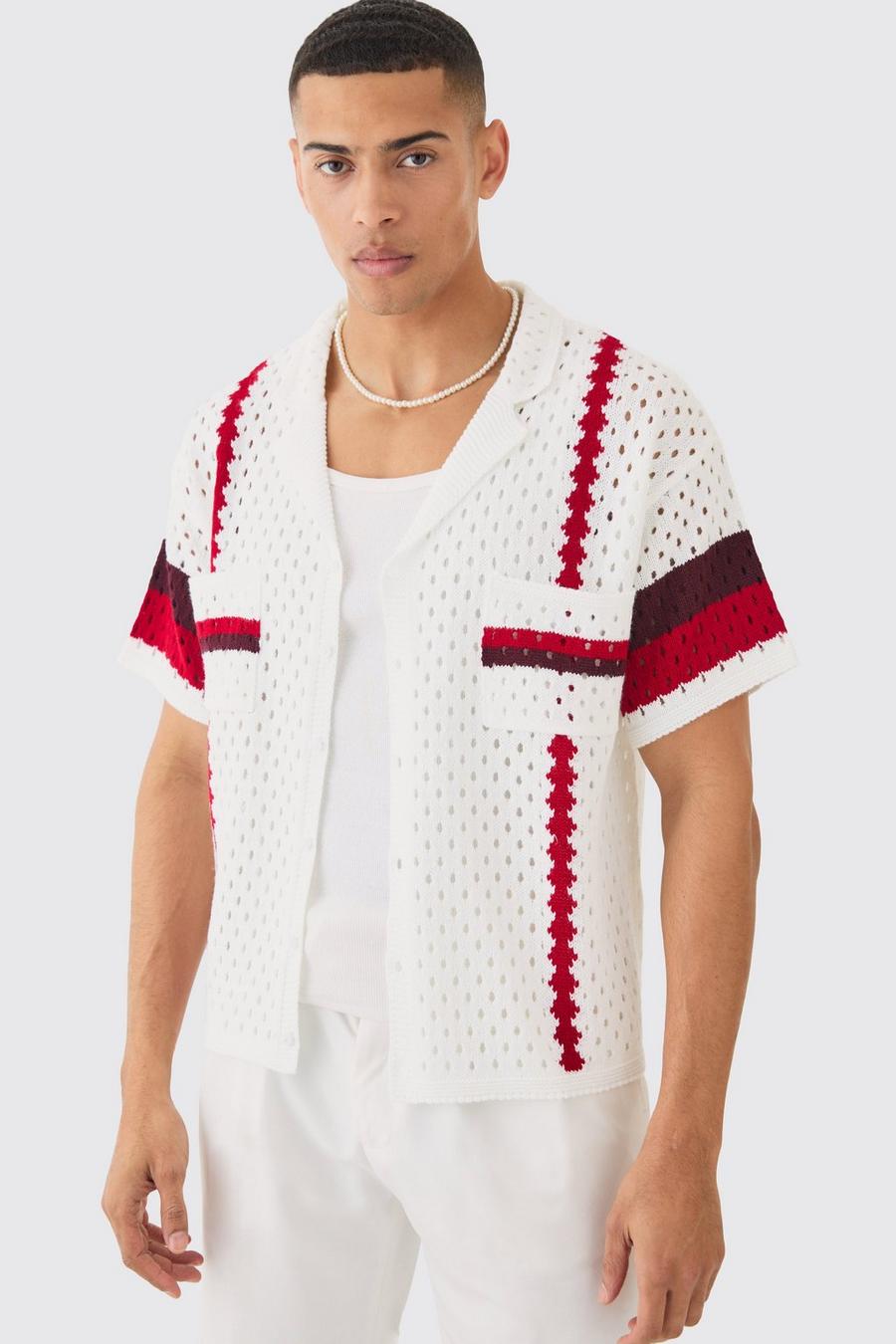Oversized Boxy Open Stitch Revere Stripe Shirt In White