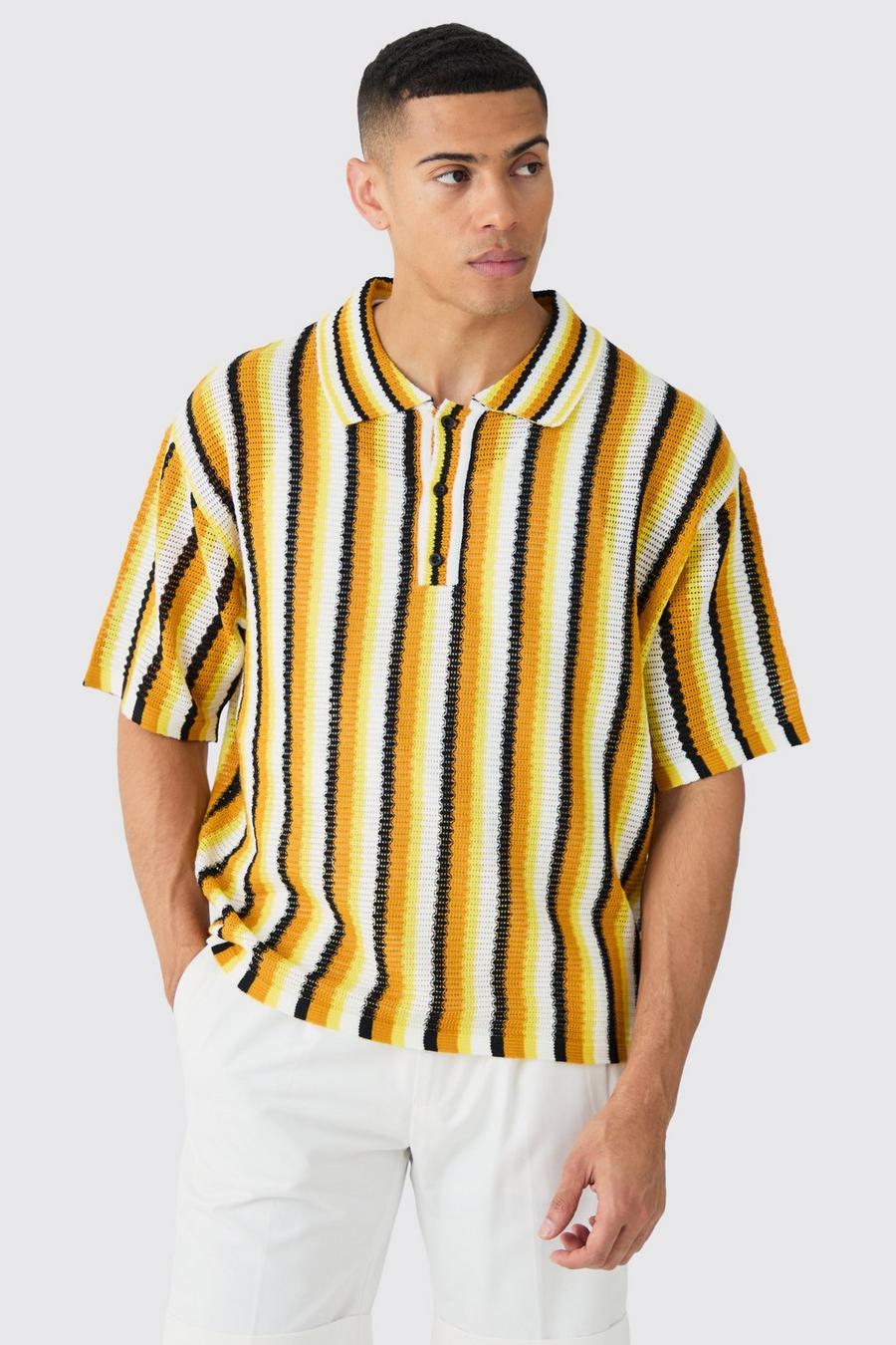 Oversized Boxy Open Stitch Stripe Knit Polo In Yellow image number 1