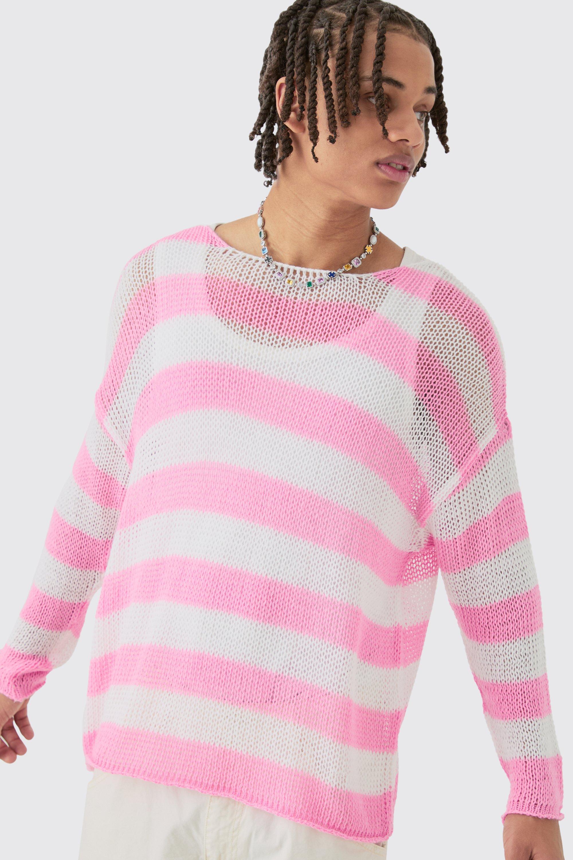 中古品Rubia wear long jumper M Oversized Boxy Open Knit Stripe Jumper In Pink | boohoo